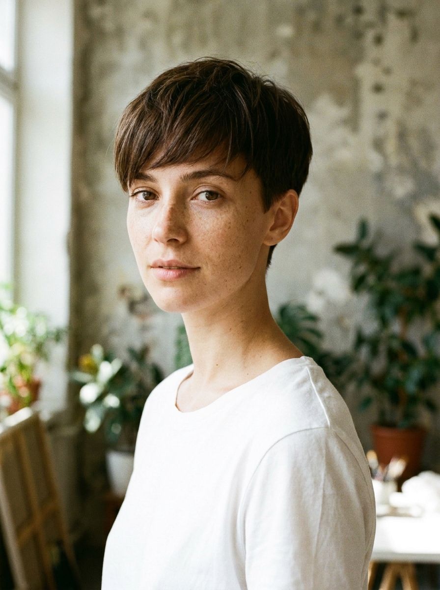 Pixie mit langem Pony nach vorne - Kurzhaarfrisuren mit langem Deckhaar